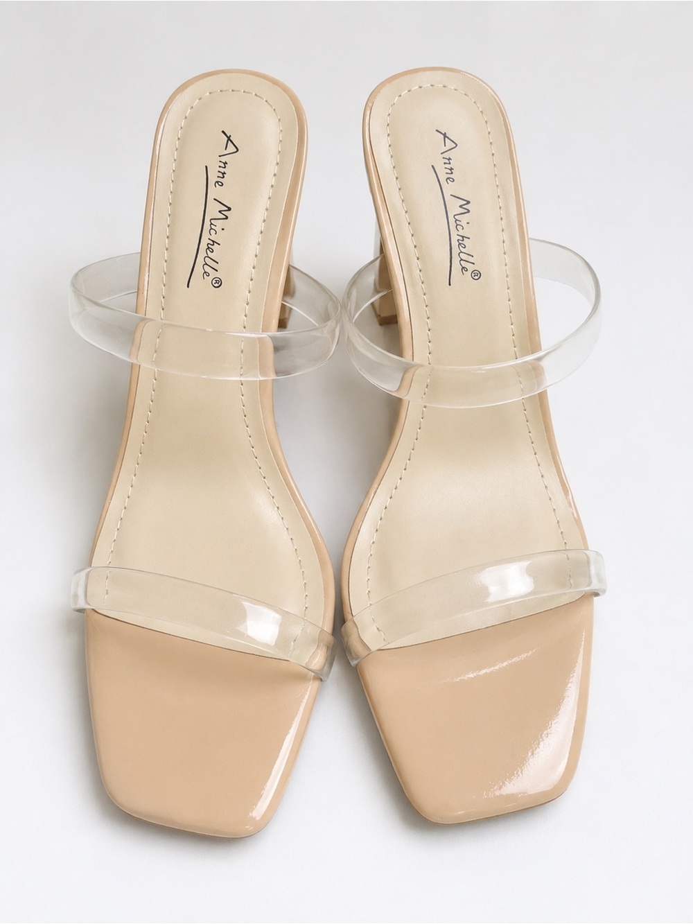 Anne Michelle Clear Strap Nude Patent Block Heel Slide Sandals Women's